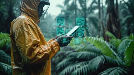 Oil palm plantation futuristic data overlay with scientist holding a digital device.