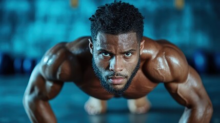 Fototapeta premium A muscular individual focused on performing a push-up at the gym, highlighting fitness dedication and strength, with a blurred background emphasizing intensity.