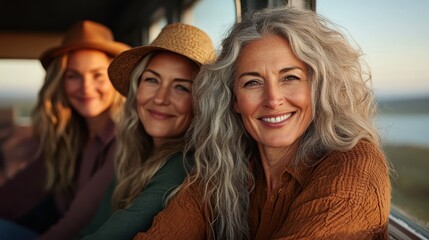 Fototapeta premium Three women, one with gray hair, enjoying a scenic sunset bus ride together, basking in natural light through the windows, illustrating connection and joy.