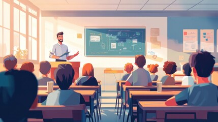 Obraz premium A bright and inspiring classroom scene with a male teacher explaining a lesson on a smart board, students seated attentively in the foreground, reflecting a positive learning atmosphere