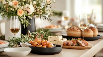 A lavish dining setting showcases a variety of gourmet dishes and wines, surrounded by lush floral arrangements, embodying an experience of culinary luxury.