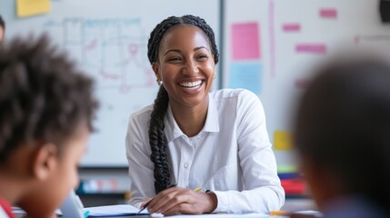 Fototapeta premium A joyful female teacher actively engaging with her students at a smart board, smiling as she explains a lesson, with students focused and taking notes in the foreground of a lively classroom