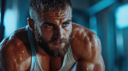 An athlete at peak focus during a strenuous workout in a dimly-lit gym setting, exemplifying human endurance, strength, and a commitment to fitness excellence.