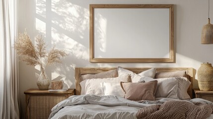 Cozy Bedroom Frame Mockup with Natural Sunlight and Wooden Accents.