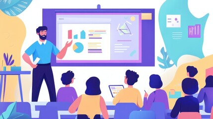 A male teacher in a classroom setting, presenting on a smart board while students engage in learning, creating a positive and interactive atmosphere with a bright background