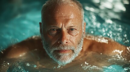 A serious bearded elderly man swims in a pool, his face focused and determined with water droplets glistening against blue pool water under natural light.