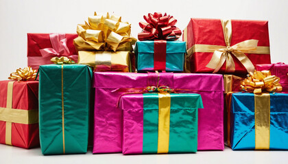 Fototapeta premium A vibrant pyramid of beautifully wrapped gift boxes showcases an array of colors and patterns, reflecting the excitement of New Year celebrations, inviting everyone to join in the festivities.
