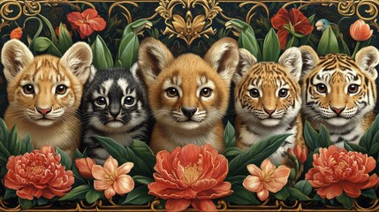Fototapeta premium Adorable Big Cat Cubs, Tiger and Lion Cub Family Portrait