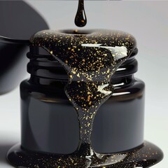 A jar of glossy black Shilajit resin overflowing with rich, golden crystal specks. The luxurious, thick texture drips down, creating a visually striking contrast between black and gold