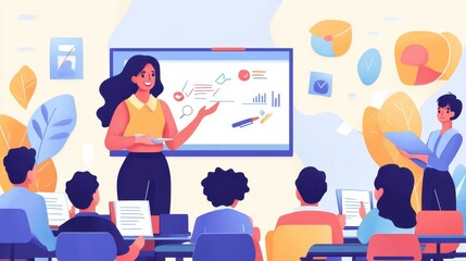 A smiling female teacher explaining a lesson at a smart board, looking at her students with enthusiasm, while students in the foreground are engaged in the lesson in a bright, lively classroom