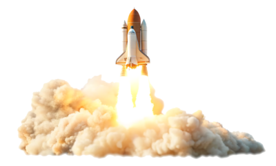 Space shuttle launch with smoke and flames, isolated on white background.AI GENERATED