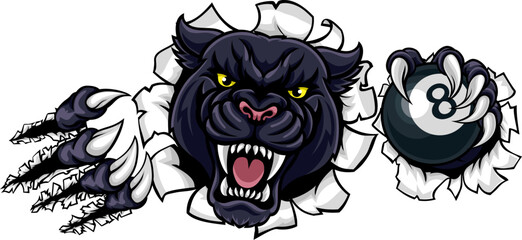 A panther angry mean pool billiards mascot cartoon character holding a black 8 ball. © Christos Georghiou