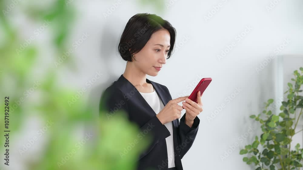 Leinwandbilder スマホ、スマートフォン、ビジネスウーマン、操作、女性、ミドル、日本人、アプリ、SNS、笑顔、楽しい、オフィス、タッチ、メール、ブラウザー、検索、webサイト、予定、スケジュール、インターネット、オンライン、動画、ビジネス、グリーン、爽やか、リラックス、ボタニカル、モバイル、DX、IT、IoT、ゲーム、通信、新緑、仕事、デジタル、データ、マーケティング、副業、電子書籍、電子コミック、サブスク、購読、