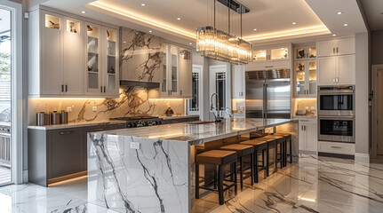 Obraz premium A modern kitchen with marble countertops and sleek, minimalist cabinets.