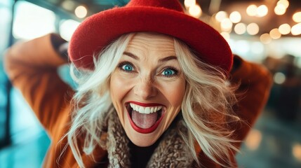 An exuberant woman wearing a vibrant red hat and coat beams with joyful surprise, her wide smile and sparkling eyes epitomizing happiness and excitement.