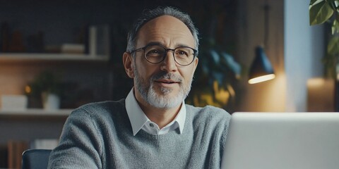 Obraz premium Confident businessman participating in a video conference from his home office using a laptop