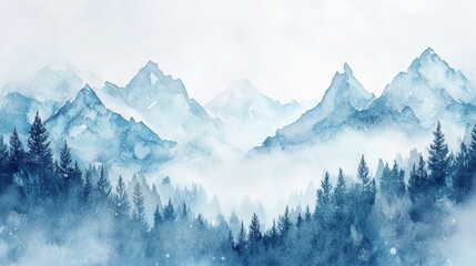 Obraz premium Mountain Range and Forest in Misty Winter Watercolor