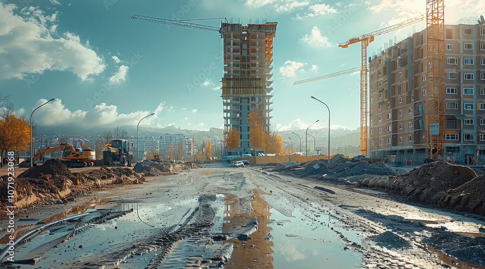 Poster landscape of construction site, with a building framework rising in the background, project developm