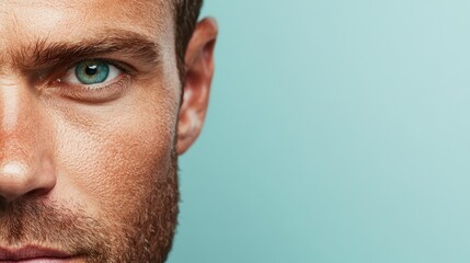 Obraz premium The image showcases a sharp close-up view of a blue eye, emphasizing its vivid color and introspective gaze. The natural textures are highlighted by subtle light.