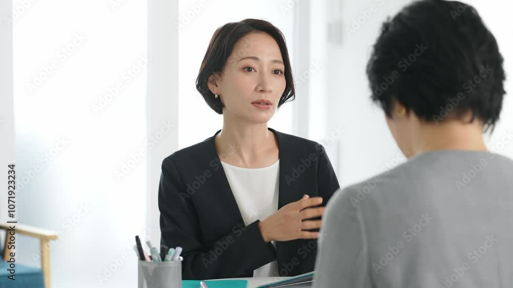Poster 女性、打ち合わせ、ビジネス、ビジネスウーマン、カウンセリング、相談、ミーティング、日本人、話す、会話、オフィス、会議、受付、窓口、ビジネスパーソン、面談、悩み、カウンセラー、セラピスト、セラピー、相談
