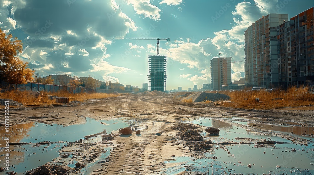 Poster landscape of construction site, with a building framework rising in the background, project developm