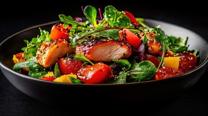 A freshly prepared grilled chicken salad features vibrant tomato and leafy greens, all sprinkled with sesame seeds, creating a colorful and healthy culinary delight.