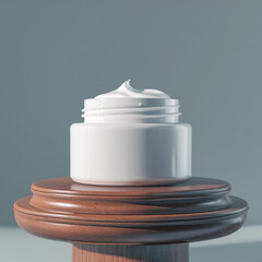 A blank white cosmetic cream jar is placed on a wooden podium for mockup