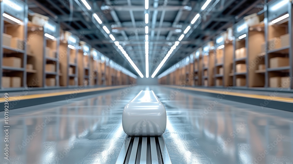 Fototapete Smooth flow of inventory in a high-tech warehouse, displaying digital systems and optimized stock movement process.
