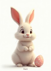 Obraz premium Happy easter wallpaper with cartoon bunny holding an easter eggs and flowers around