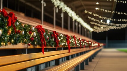 Festively decorated outdoor benches with garlands and lights, evoking cheerful holiday atmosphere