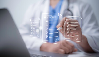 Medical worker touch inspect electronic virtual medical records. Digital healthcare and network...