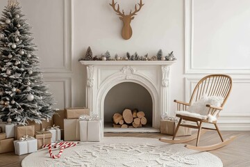Cozy Christmas scene with fireplace, tree, present boxes, rocking chair, candy cane, white carpet, and wooden reindeer above the mantle.