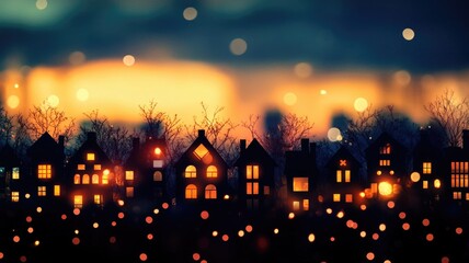 Cozy houses illuminated at dusk with bokeh lights in foreground