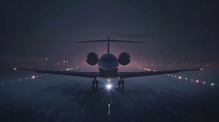 Private Jet Landing on Runway at Night