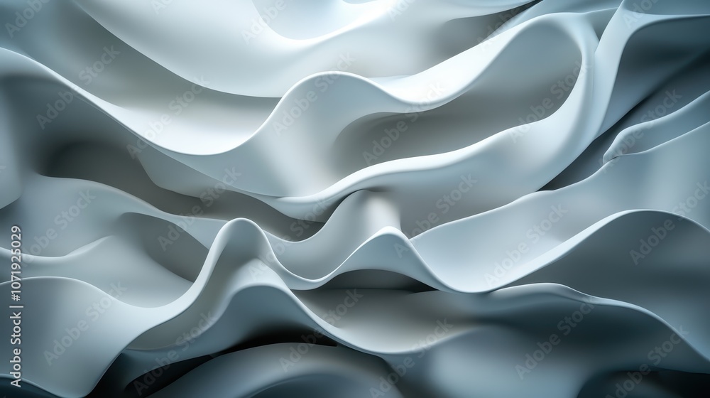 Poster smooth white fabric forms fluid wave-like patterns, evoking a sense of calm and serenity, resembling