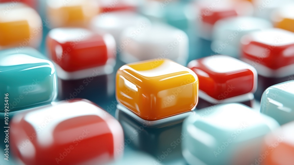 Poster glossy, colorful cubes are arranged neatly on a reflective surface, capturing the viewer's attention
