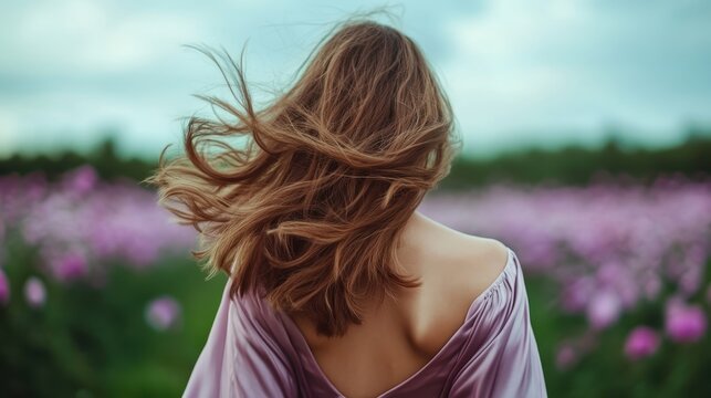 A woman stands with her back to the camera, her hair lifted gently by the wind in a lush meadow filled with blooming flowers under a cloudy sky.