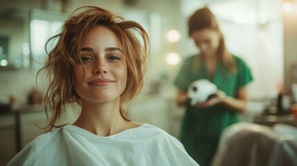 Fototapeta premium A cheerful woman with messy hair sits in a salon chair, ready for a haircut, with a blurred stylist in the background, in a warmly lit and stylish setting.