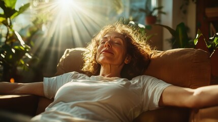 A woman sits comfortably on a chair, smiling with satisfaction in her cozy home as sun rays pour in through the window, enhancing her joyous contentment and peace.