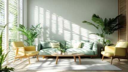 Fototapeta premium A spacious living room features a green sofa, two yellow chairs, large plants, and abundant natural light streaming through the windows, creating a cozy atmosphere.