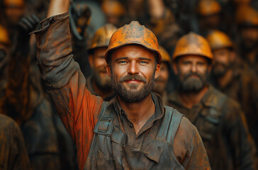  group of smiling male workers with their hands raised in the air, standing amidst a crowd of other mine workers.