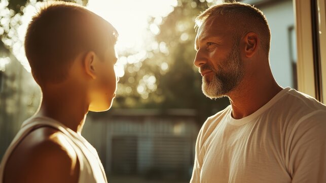 A heartfelt moment of connection captured between a man and a boy, both bathed in warm sunlight, highlighting themes of mentorship, family, and emotional warmth.