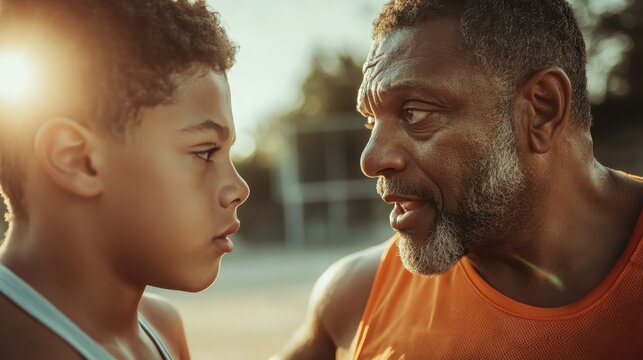 An older man and a young boy engage in a serious conversation during sunset, capturing a moment of bonding and imparting wisdom in a recreational setting.