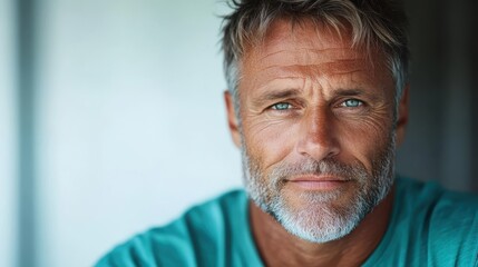 Obraz premium A rugged, middle-aged man with tousled hair and expressive lines, conveying a sense of wisdom and lived experience, while dressed casually outdoors.