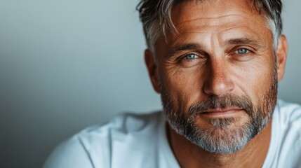 Obraz premium A thoughtful, middle-aged man with a stubbled face and a calm demeanor, wearing a white shirt, set against a tranquil blue background.