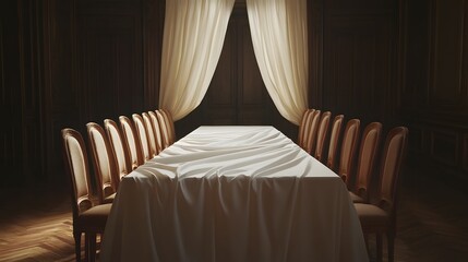 長いダイニングテーブルと白いテーブルクロス