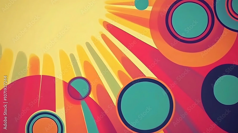 Poster a vibrant abstract composition featuring colorful circles and dynamic rays of light.