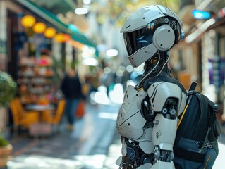 Fototapeta premium A humanoid robot stands in a vibrant street, showcasing advanced technology in a lively setting.