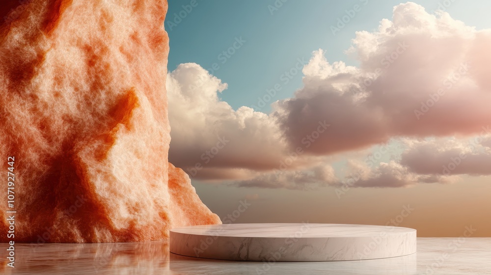 Poster a captivating scene featuring a textured stone pillar against a sky with fluffy clouds, creating a h