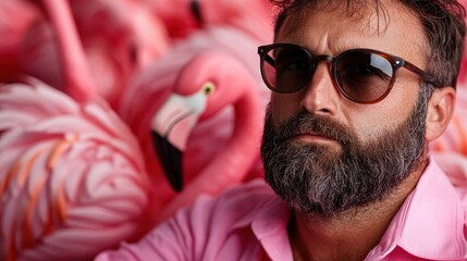 In a striking image, a man in a pink shirt and dark sunglasses is surrounded by flamingos, capturing an intense expression that contrasts with the lively scene.